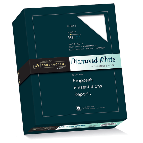 Southworth Diamond White Business Paper - Letter - 8 1/2" x 11" - 20 lb Basis Weight - Wove - 500 / Box - Acid-free, Watermarked