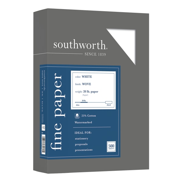 Southworth Business Paper - Letter - 8 1/2" x 11" - 20 lb Basis Weight - Wove - 500 / Box - FSC - Watermarked, Acid-free, Date-c
