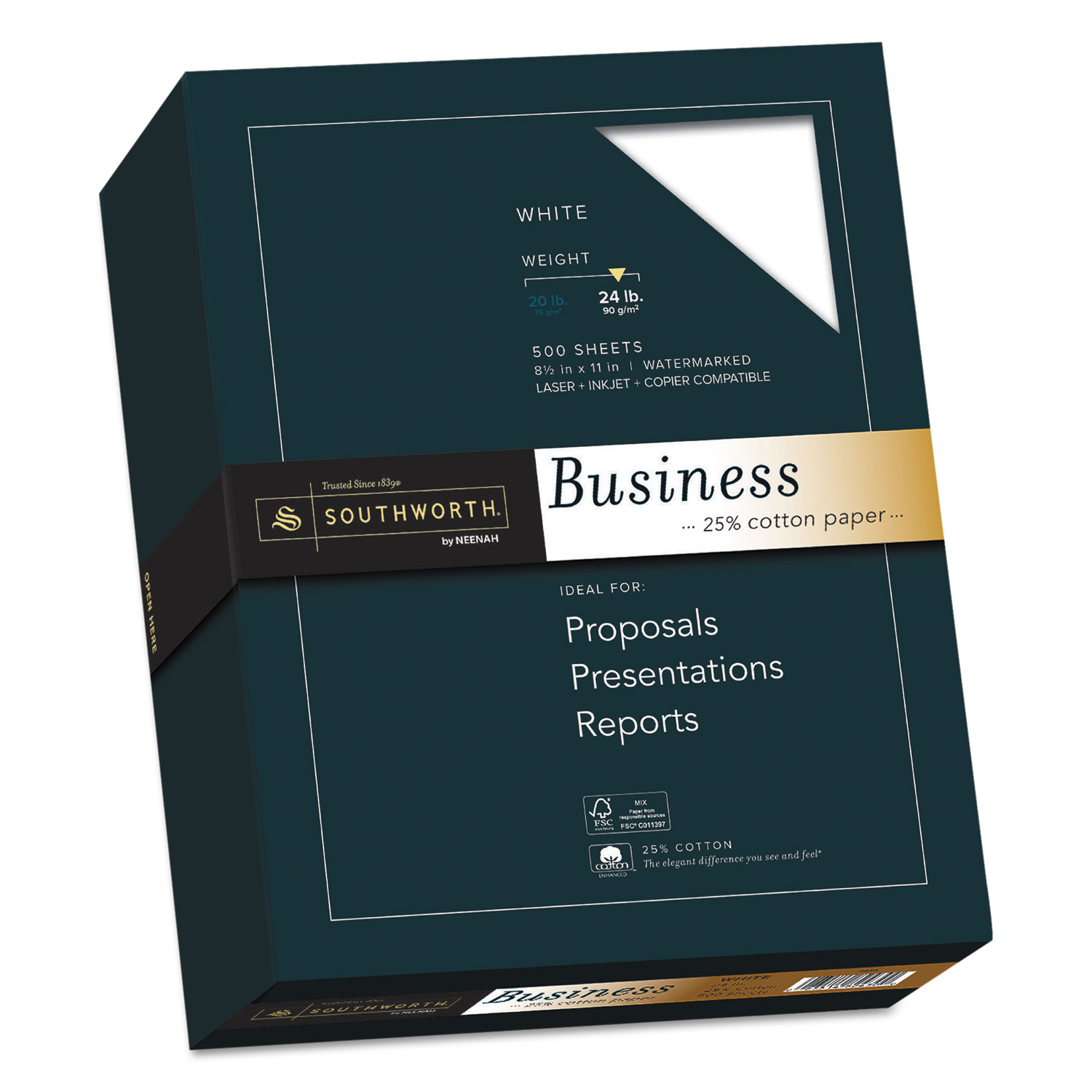 Southworth 24lb 25% Cotton Business Paper - Letter - 8 1/2" x 11" - 24 lb Basis Weight - Wove - 500 / Box - FSC - Watermarked, A