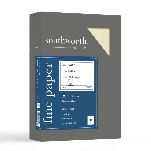 Southworth Linen Business Paper - Letter - 8 1/2" x 11" - 24 lb Basis Weight - Linen - 500 / Box - FSC - Acid-free, Watermarked