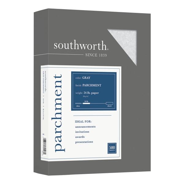 Southworth Parchment Specialty Paper - Gray - Letter - 8 1/2" x 11" - 24 lb Basis Weight - Parchment - 500 / Box - Acid-free, Li