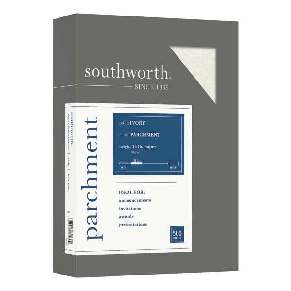 Southworth Parchment Specialty Paper - Ivory - Letter - 8 1/2" x 11" - 24 lb Basis Weight - Parchment - 500 / Box - Acid-free, L