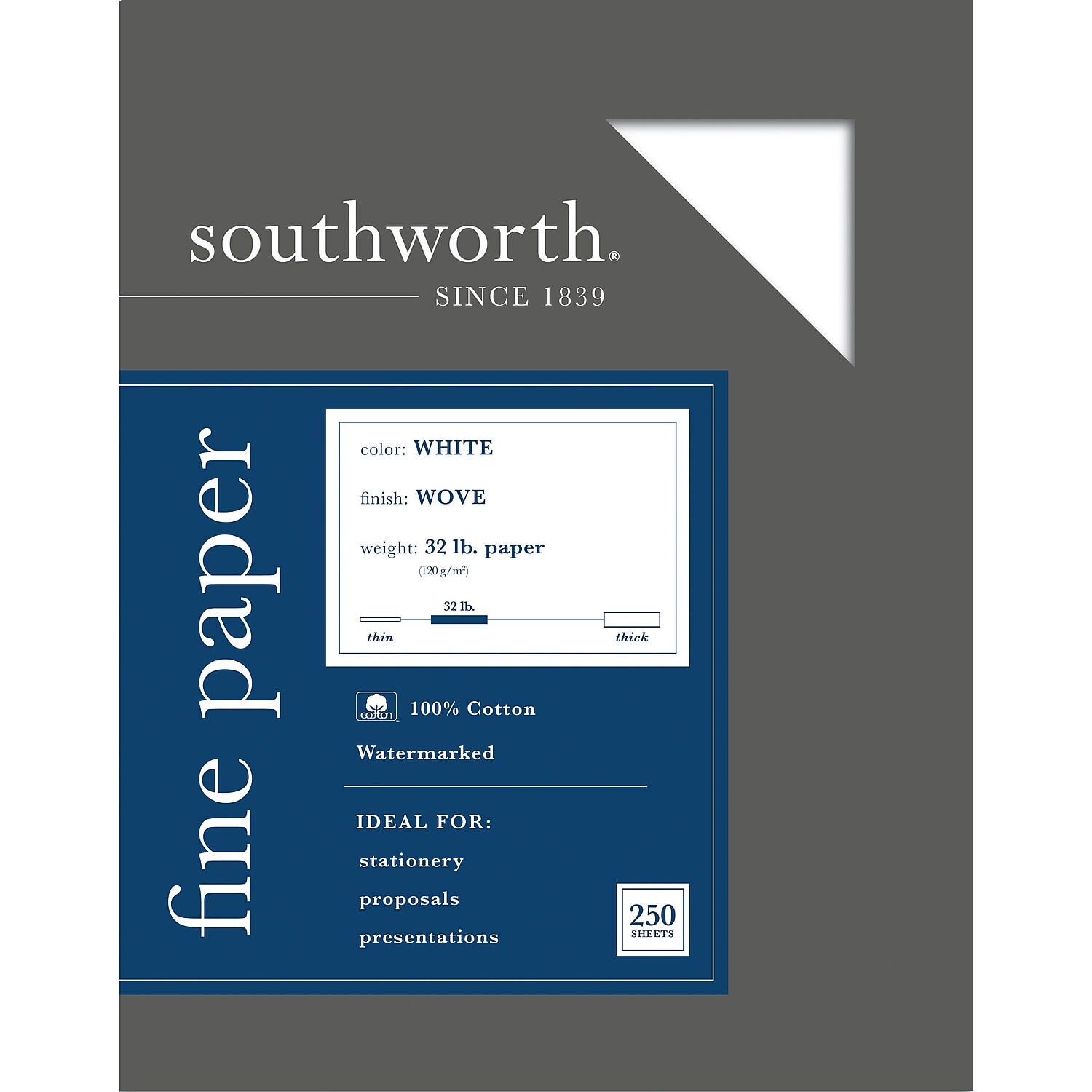 Southworth Premium Weight 100% Business Cotton Paper - Letter - 8 1/2" x 11" - 32 lb Basis Weight - Wove - 250 / Box - Acid-free