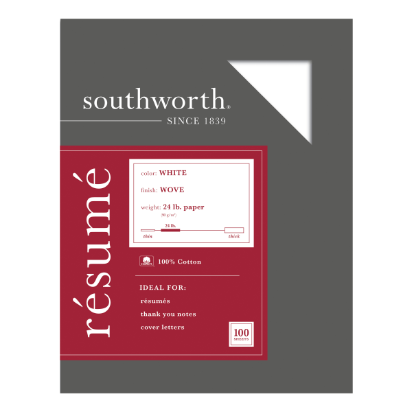 Southworth 100% Cotton Resume Paper - Letter - 8 1/2" x 11" - 24 lb Basis Weight - Wove - 100 / Box - Acid-free, Watermarked, Li