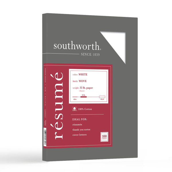 Southworth 100% Cotton Resume Paper - Letter - 8 1/2" x 11" - 32 lb Basis Weight - Wove - 100 / Box - Acid-free, Watermarked