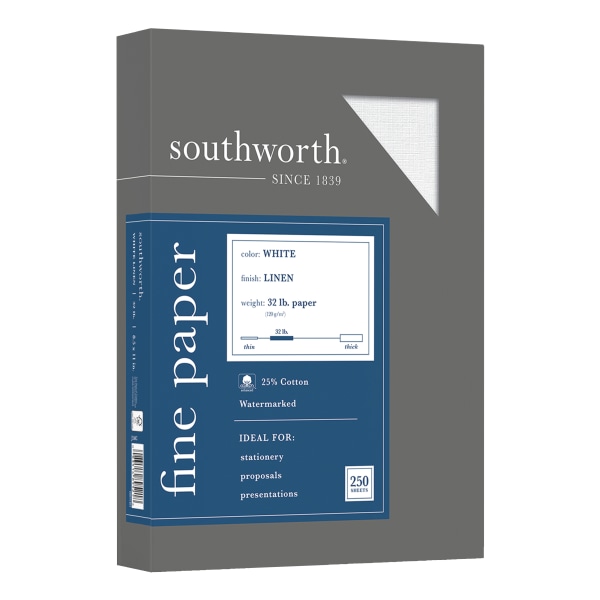 Southworth Linen Business Paper - Letter - 8 1/2" x 11" - 32 lb Basis Weight - Linen, Textured - 250 / Box - FSC - Acid-free, Wa