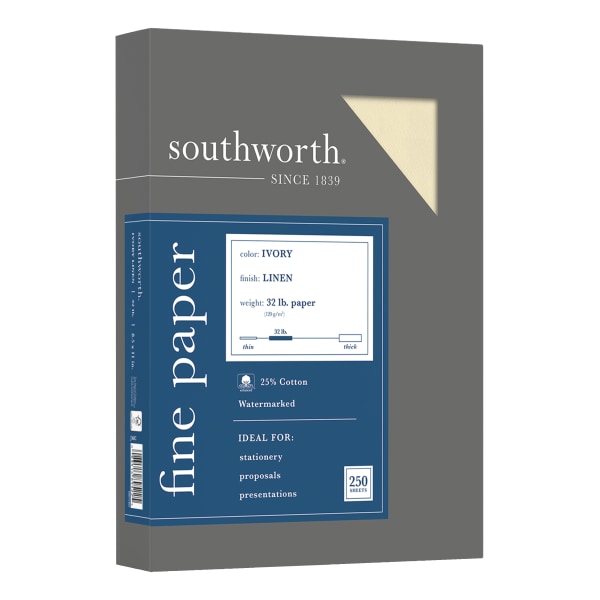 Southworth Linen Business Paper - 9 1/2" x 4 1/8" - 32 lb Basis Weight - Linen, Textured - 250 / Box - FSC - Acid-free, Watermar