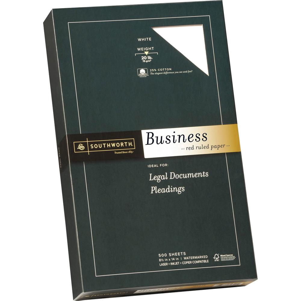 Southworth Red Ruled Business Paper - Legal - 8 1/2" x 14" - 20 lb Basis Weight - Wove - 500 / Box - FSC - Acid-free, Watermarke
