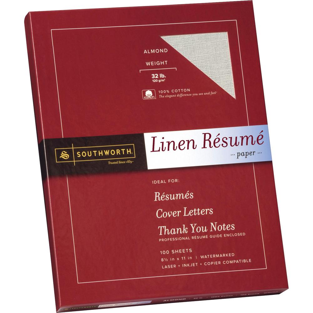 Southworth 100% Cotton Resume Paper - Letter - 8 1/2" x 11" - 32 lb Basis Weight - Linen - 100 / Box - Acid-free, Watermarked