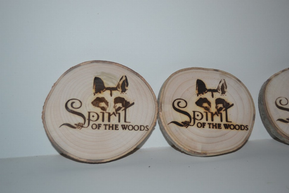 Aspen Log Coasters Set of Six With Wood Burned Spirit of the Woods Logo