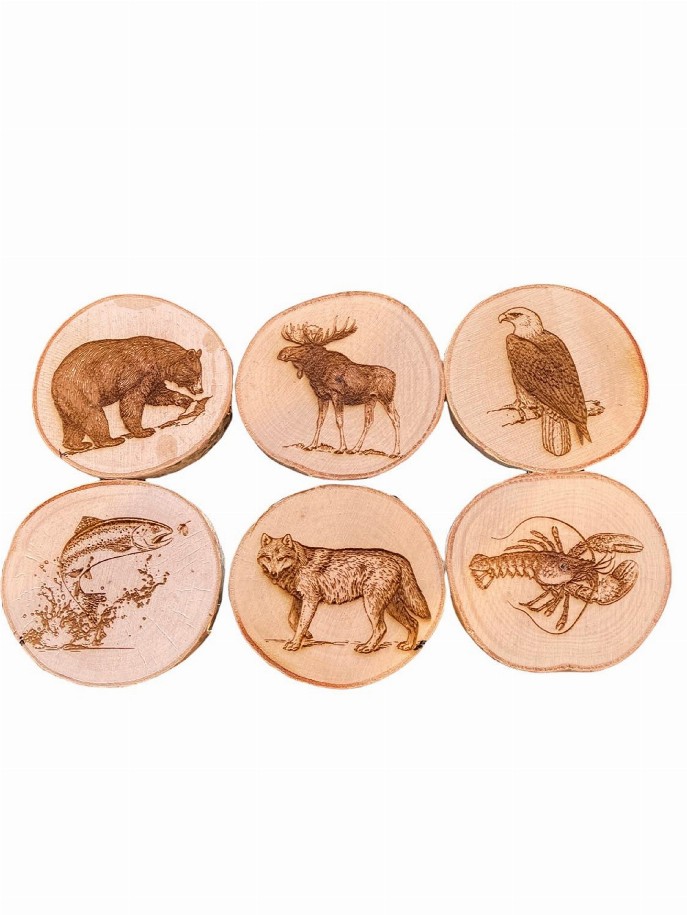 Engraved Birch Log Slice Coasters North American Wildlife 3 1/2"-4 1/2" Diameter Set of Six - Assorted Wildlife