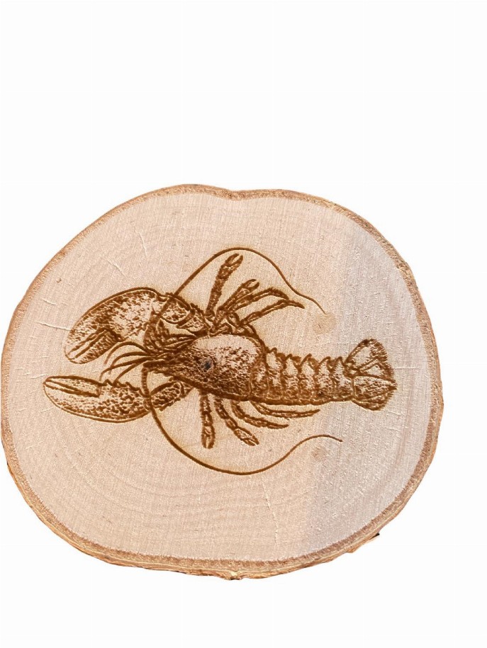 Engraved Birch Log Slice Coasters North American Wildlife 3 1/2"-4 1/2" Diameter Set of Six - Lobster