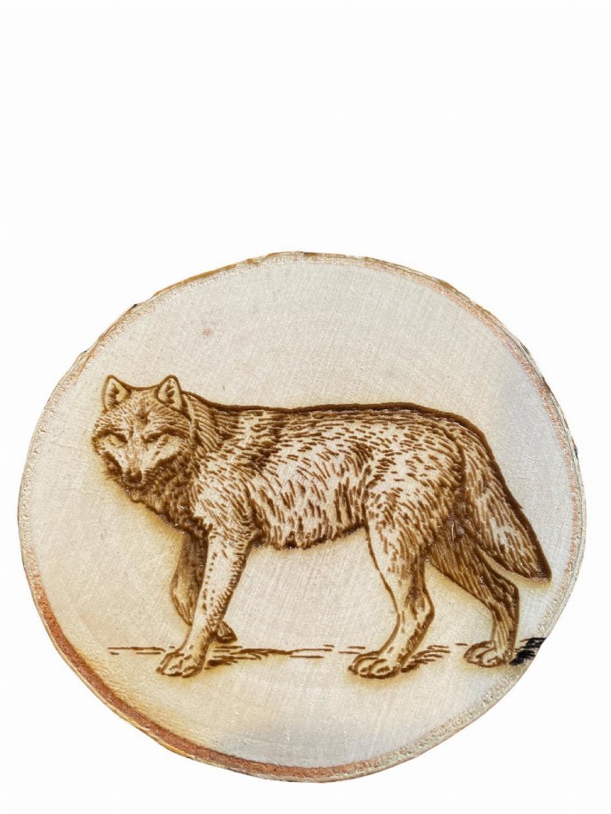 Engraved Birch Log Slice Coasters North American Wildlife 3 1/2"-4 1/2" Diameter Set of Six - Wolf