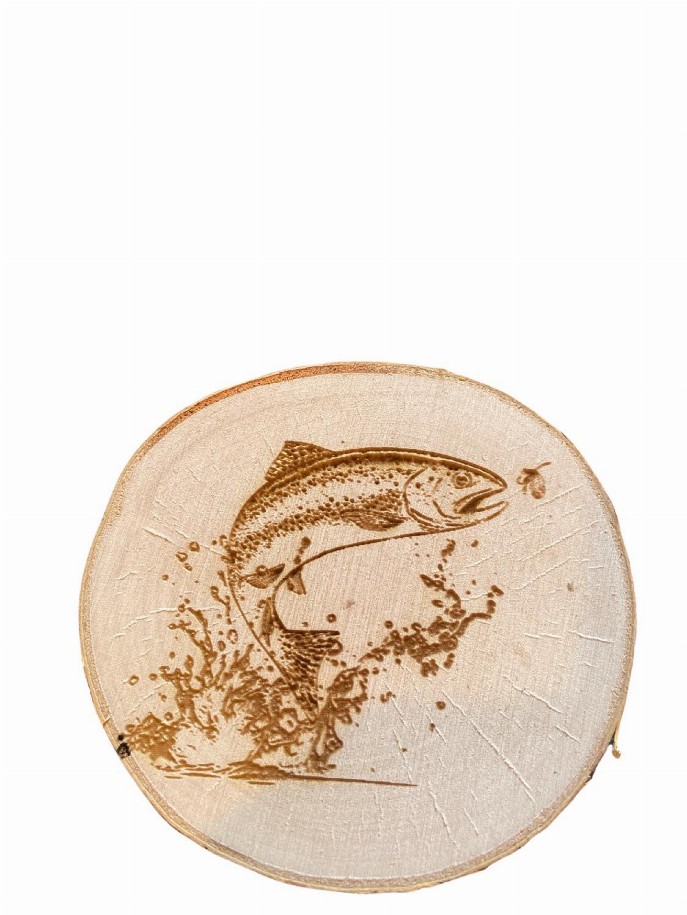 Engraved Birch Log Slice Coasters North American Wildlife 3 1/2"-4 1/2" Diameter Set of Six - Trout & Fly