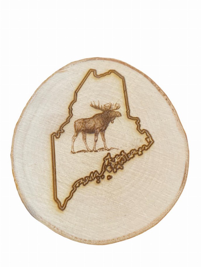 Engraved Birch Log Slice Coasters with your State and emblem Set of Six - Maine/Moose