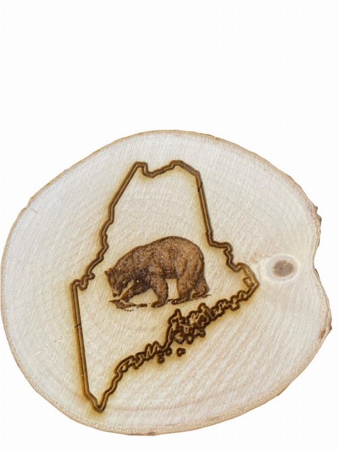 Engraved Birch Log Slice Coasters with your State and emblem Set of Six - Maine/Bear