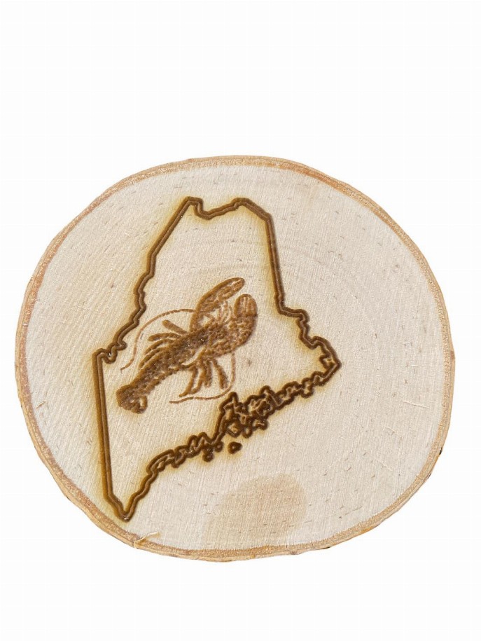 Engraved Birch Log Slice Coasters with your State and emblem Set of Six - Maine/Lobster