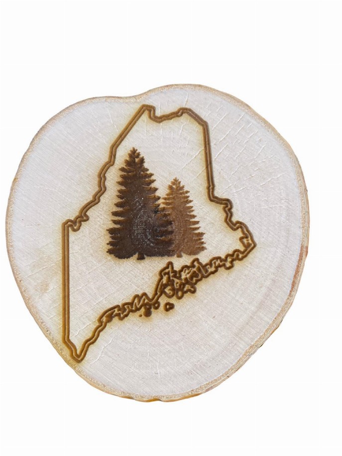 Engraved Birch Log Slice Coasters with your State and emblem Set of Six - Maine/Pine Trees