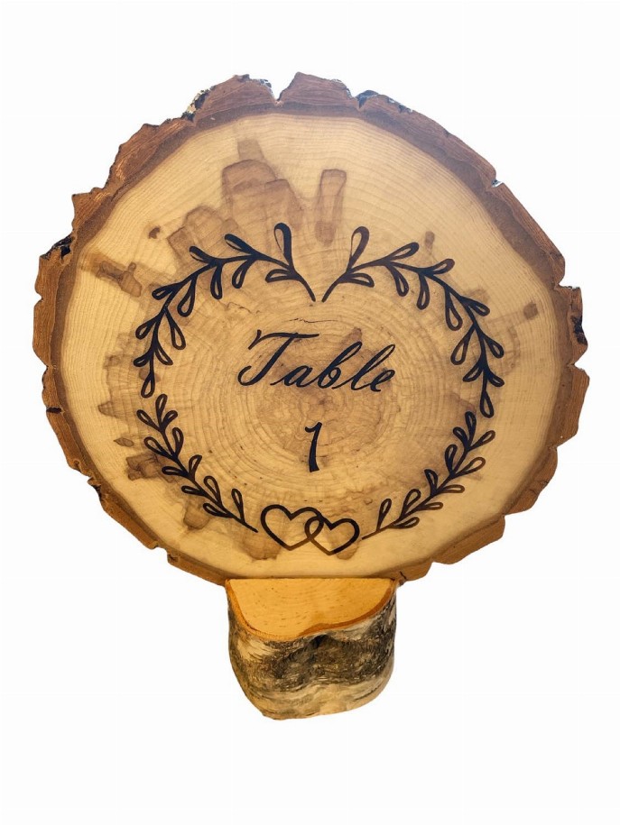 Engraved Table Markers with Wood Slices 7.5" to 9" Diameter with Log Stand Big Wood Slice - Table 1