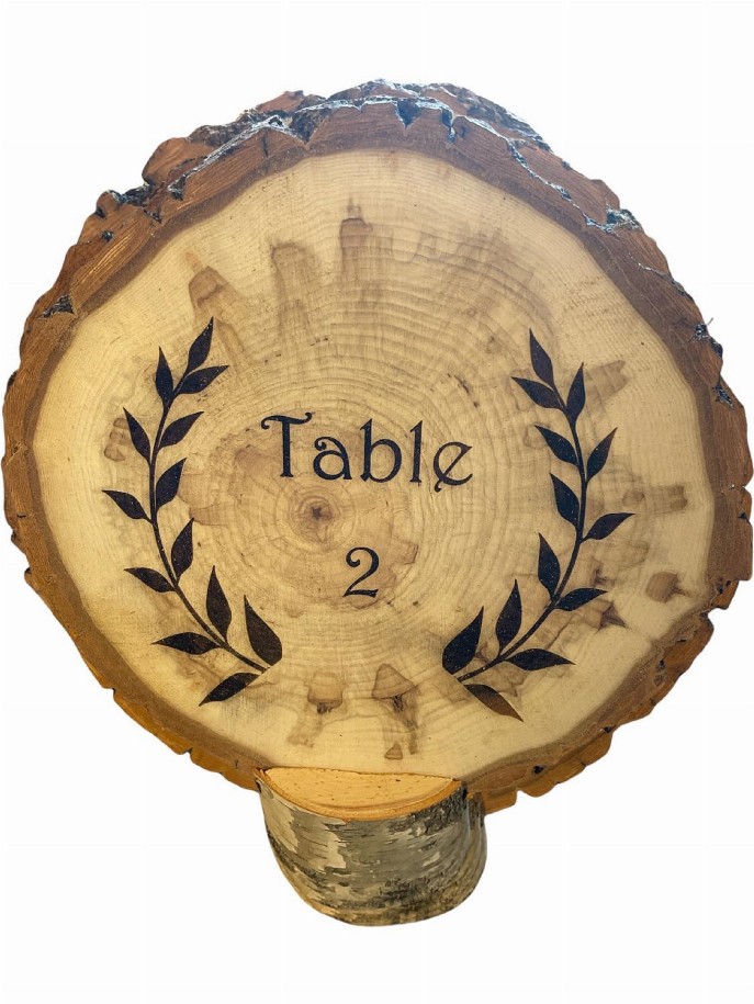 Engraved Table Markers with Wood Slices 7.5" to 9" Diameter with Log Stand Big Wood Slice - Table 2
