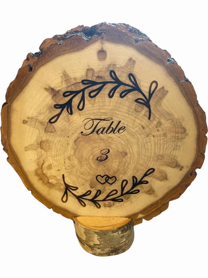 Engraved Table Markers with Wood Slices 7.5" to 9" Diameter with Log Stand Big Wood Slice - Table 3