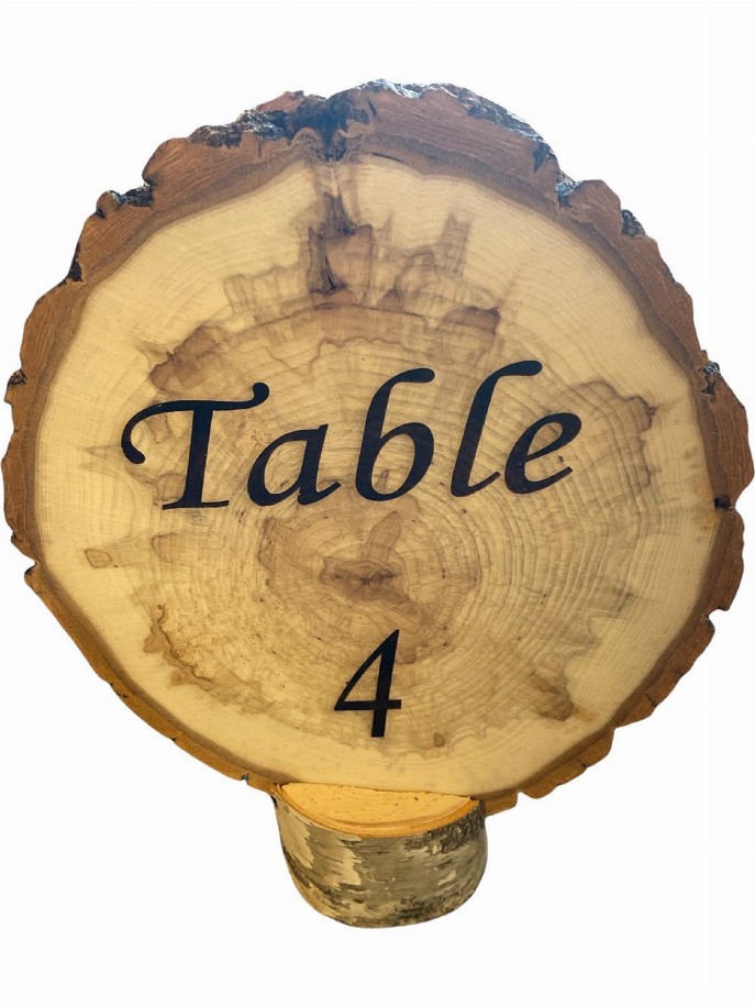 Engraved Table Markers with Wood Slices 7.5" to 9" Diameter with Log Stand Big Wood Slice - Table 4