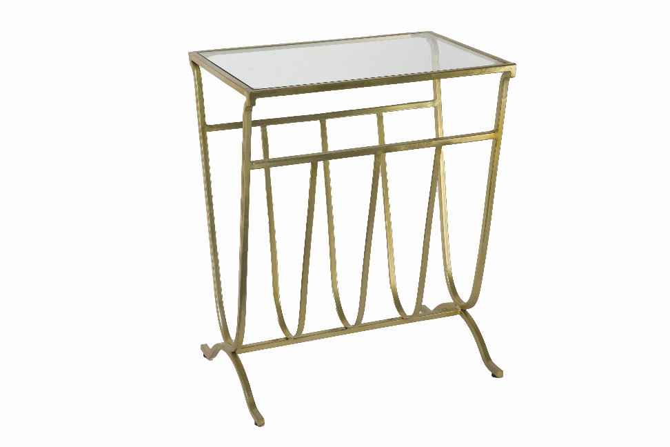 Arya Side Table Gold With Clear Glass & Magazine Holder/19" X 13" X 23"