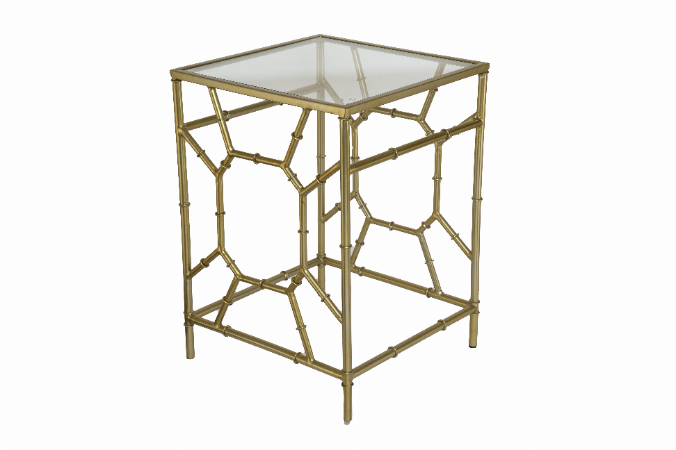 Arya Square Gold Bamboo Side Table With Clear Glass/16" X 16" X 22"