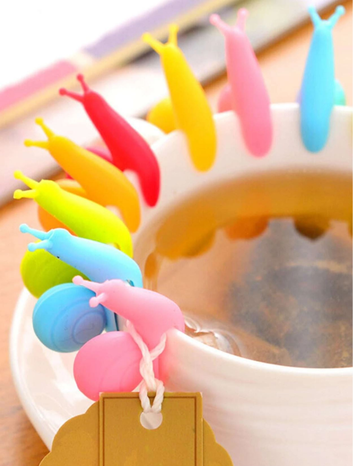 Tea Bag Holder - Cute Candy Colors Snail Shape Silicone Tea Bag Holder Glass Identifier Cup Clip 6 Pack