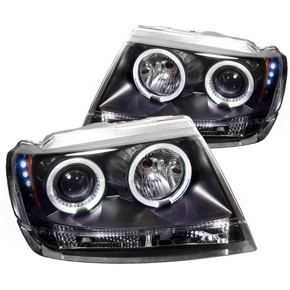 99-04 GRAND CHEROKEE PROJECTOR HEADLIGHTS-LED HALO-LED ( REPLACEABLE LEDS )-BLAC