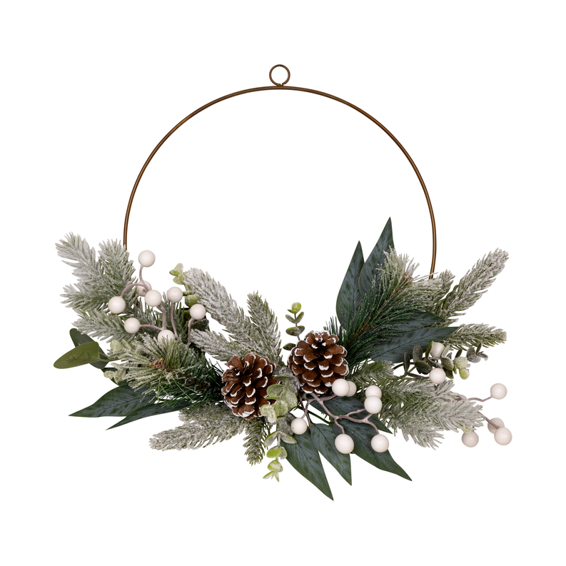 Stratton Home Decor Farmhouse 19" Faux Winter Greenery with Berries and Pinecones Hoop Wreath Wall Decor