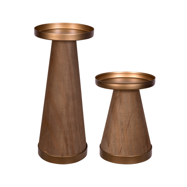 Stratton Home Decor Set of 2 Modern Farmhouse Metal and Wood Pillar Candle Holders