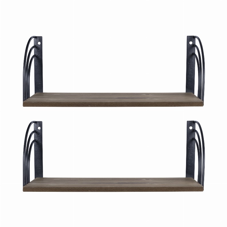 Stratton Home Decor Farmhouse Set of 2 Matte Black Arched Metal and Wood Wall Shelves