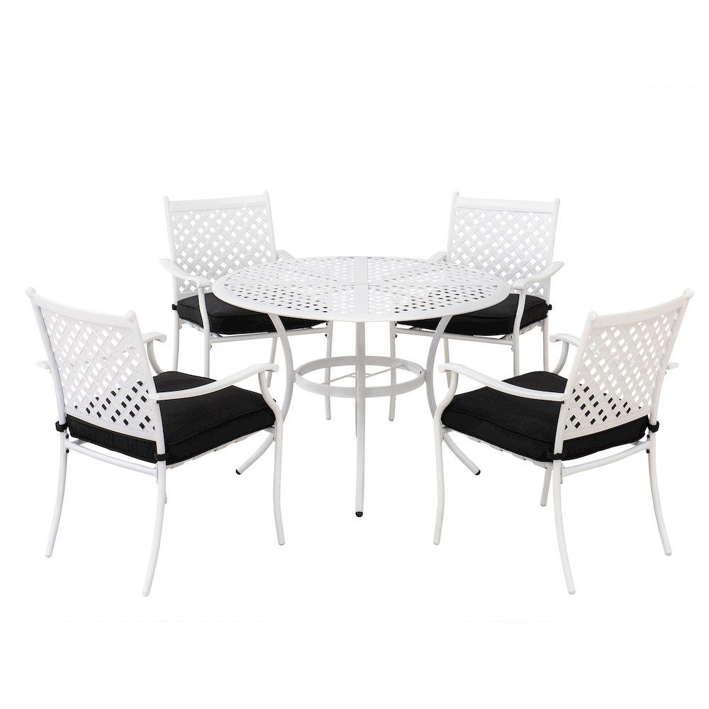 Sunjoy 5-Piece White Steel Lattice Dining Set with Black Seat Cushions