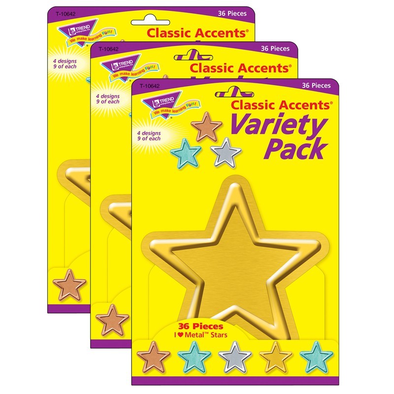 I ♥ Metal Stars Classic Accents Variety Pack, 36 Per Pack, 3 Packs