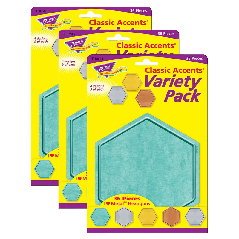 I ♥ Metal Hexagons Classic Accents Variety Pack, 36 Per Pack, 3 Packs