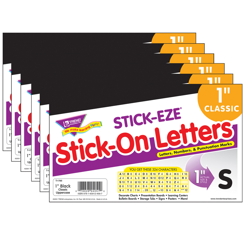 Black 1" STICK-EZE Stick-On Letters, 324 Pieces Per Pack, 6 Packs