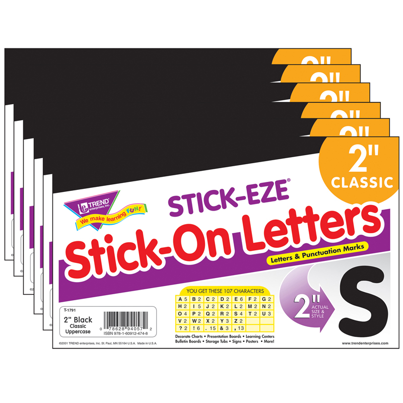 Black 2" STICK-EZE Stick-On Letters, 107 Pieces Per Pack, 6 Packs