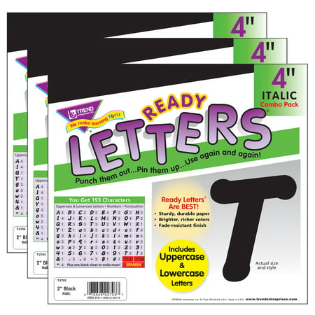 Black 4-Inch Italic Uppercase/Lowercase Combo Pack (EN/SP) Ready Letters, 193 Per Pack, 3 Packs