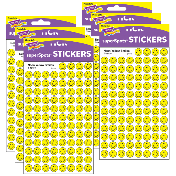 Neon Yellow Smiles superSpots Stickers, 800 Per Pack, 6 Packs