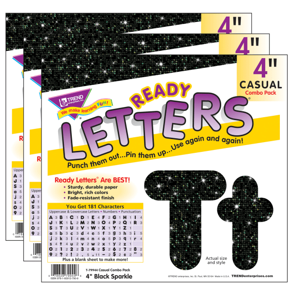 Black Sparkle 4" Casual Combo Ready Letters, 3 Packs