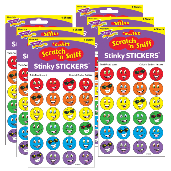 Colorful Smiles/Tutti-Frutti Stinky Stickers, 96 Per Pack, 6 Packs