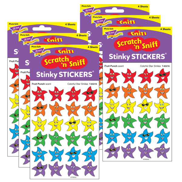 Colorful Star Smiles/Fruit Punch Stinky Stickers, 96 Per Pack, 6 Packs