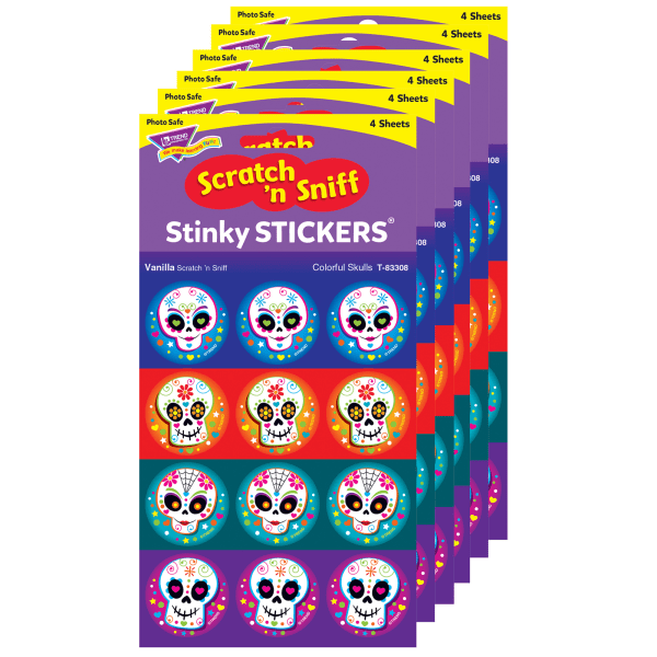 Colorful Skulls/Vanilla Stinky Stickers, 48 Per Pack, 6 Packs
