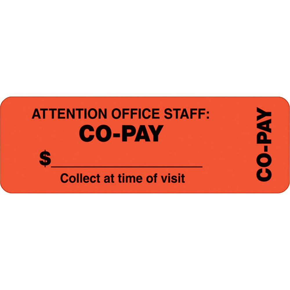 Tabbies CO-PAY Wrap Labels - "Collect at Time of Visit" , "Attention Office Staff: Co-Pay" - 3" x 1" Length - Rectangle - Fluore