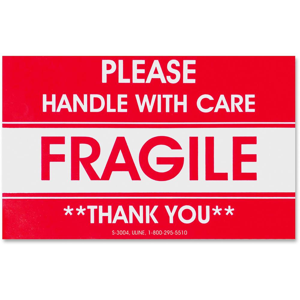 Tatco Fragile/Handle With Care Shipping Label - "Fragile - Handle with Care" , "Thank You" - 3" x 5" Length - Rectangle - Red - 