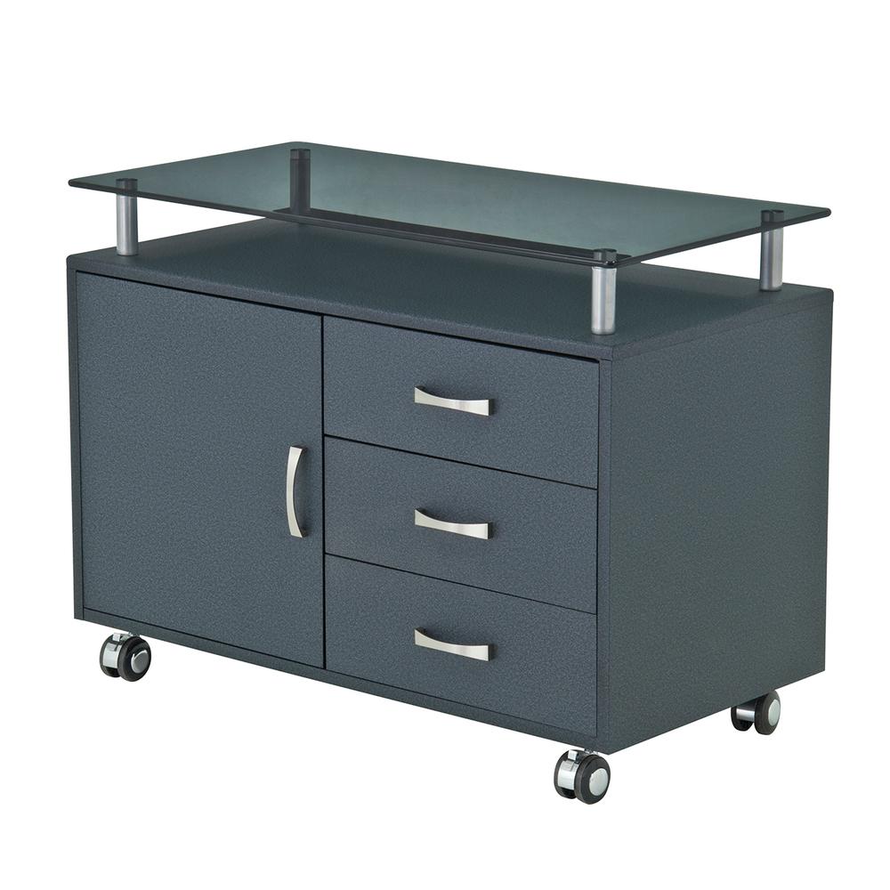 Rolling Storage Cabinet With Frosted Glass Top. Color: Graphite
