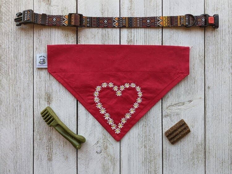 Embroidered Print - Traditional Tie-Around Dog Bandana - XSmallFlower Heart