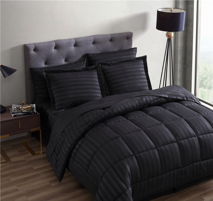 Maple Dobby Stripe 8 Piece bed in a bag Comforter Set - King Black