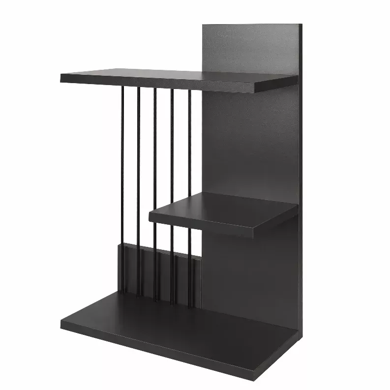  16 Inch 3 Tier Rectangular Wood Floating Wall Mount Shelf with Vertical Bars Accent, Charcoal Gray